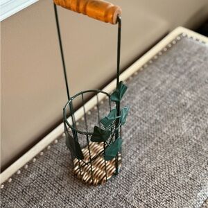 Green Metal Candle or wine Holder with Wooden Handle